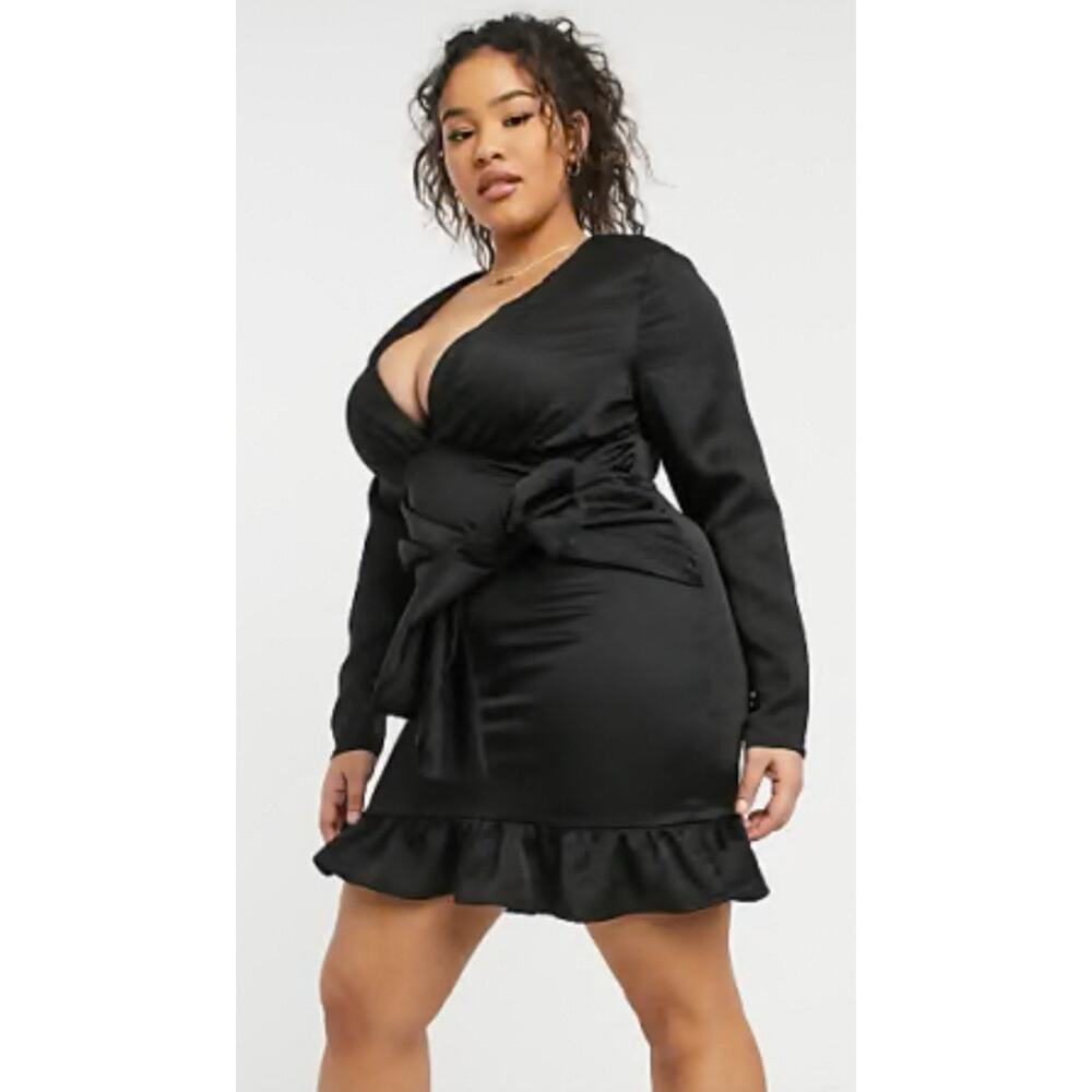 Lola May Womens Plunge Neck Ruffle Hem Black Satin Dress Sz 14 Large Bow Sash